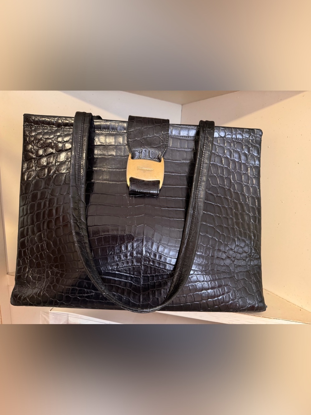 Salvatore Ferragamo Black Croc-Embossed Leather Bag with Gold Hardware